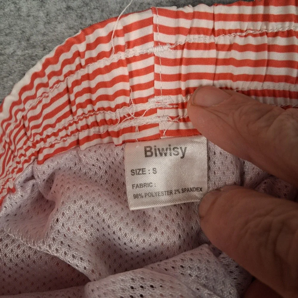 Biwisy Swim Trunks‎ Mens Size S Red Striped Elastic Waist Mesh Lined Shorts